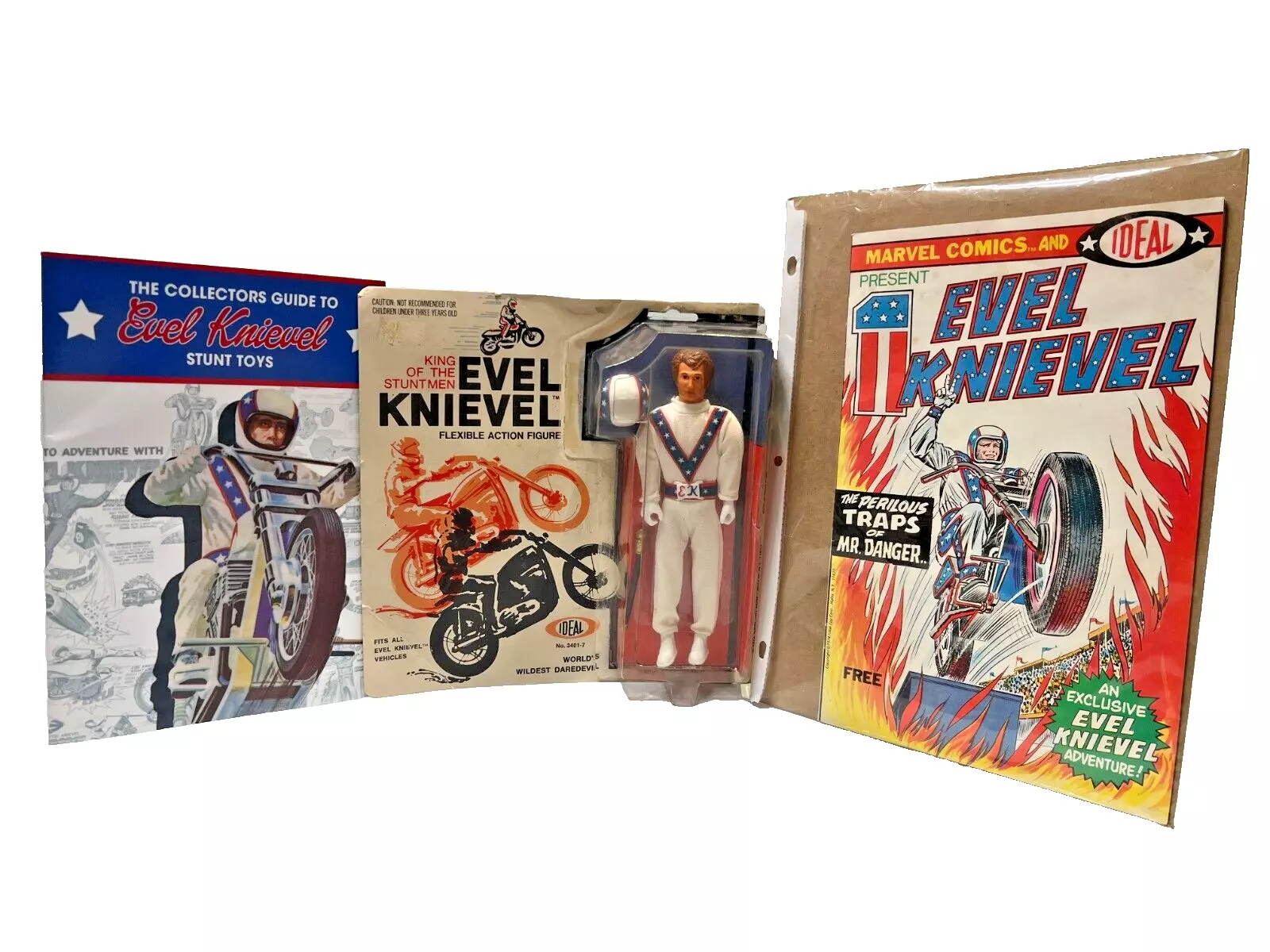 1972 Evel Knievel Action Figure WHITE Jumpsuit Unopened Ideal and Books